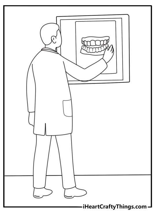 Dentist viewing tooth X ray on lightbox printable coloring sheet pdf