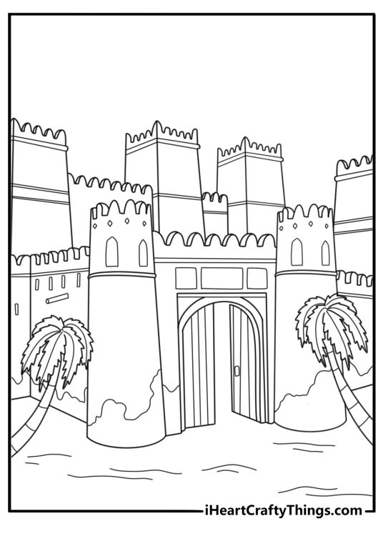 Desert fortress with palm trees and arched gate simple coloring printable