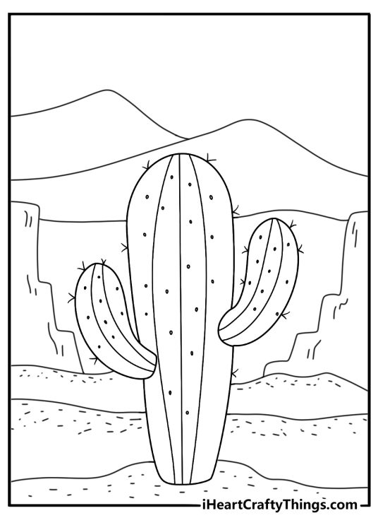 Desert scene with cactus and distant mountains free cactus coloring pages