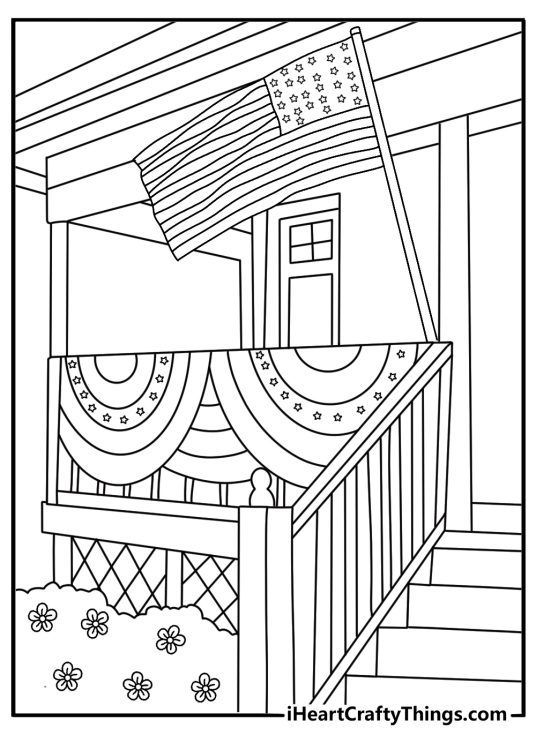 Detailed 4th of July coloring page with bunting across a front porch