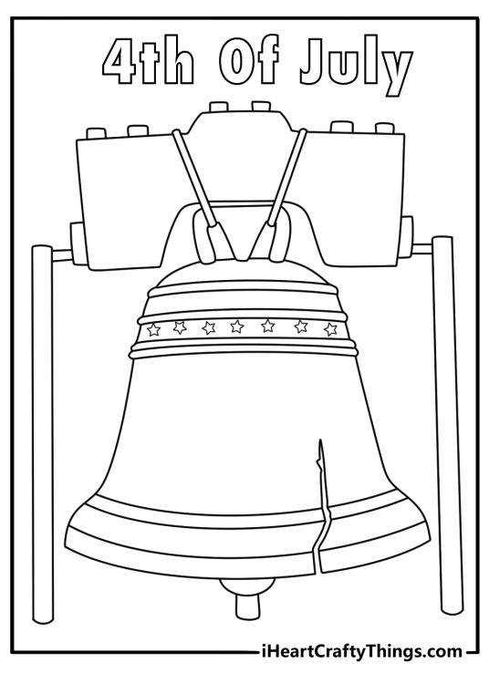 Detailed 4th of July coloring sheet for adults with a Liberty Bell and stars