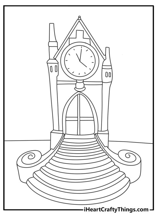 Detailed Cinderella coloring page with the royal clock close to midnight