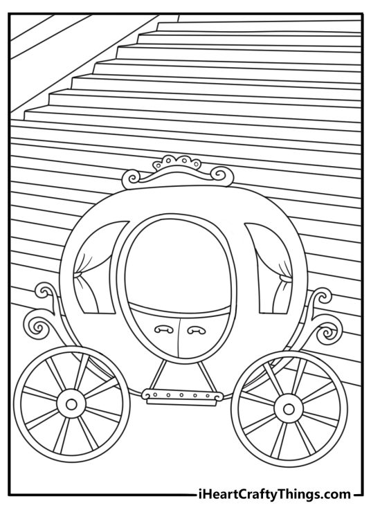 Detailed Cinderella printable with castle towers and a carriage road