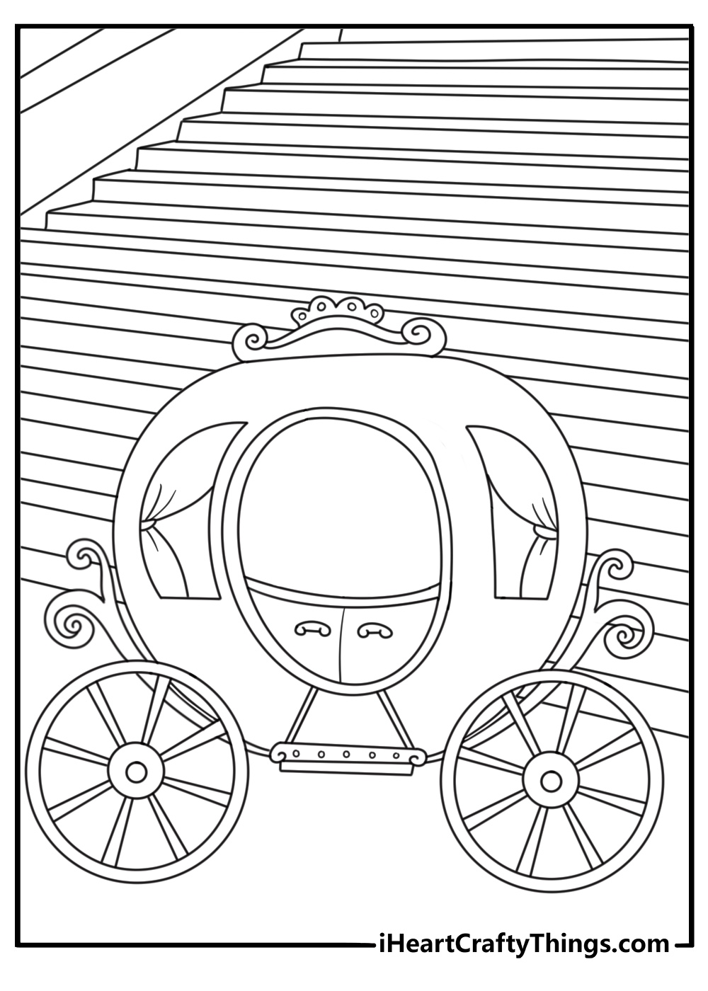 Detailed Cinderella printable with castle towers and a carriage road