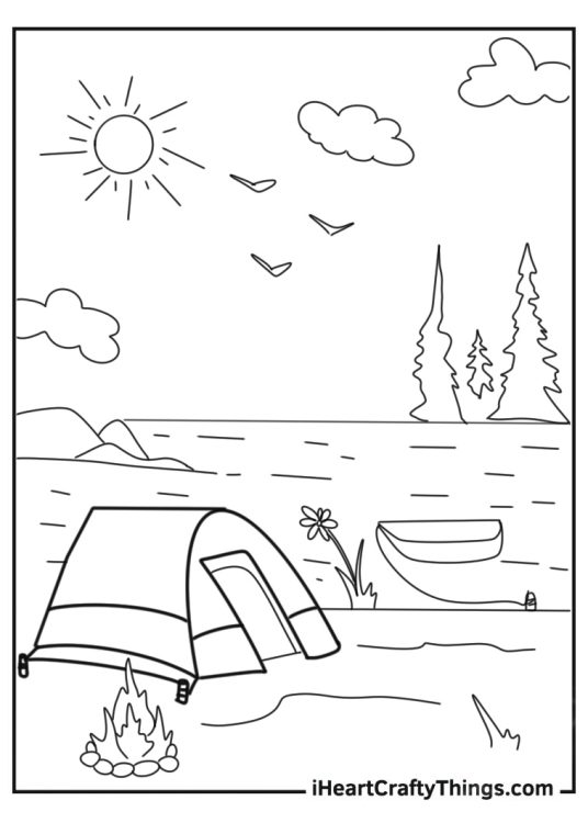 Detailed Coloring Page Of Lakeside Camping Site