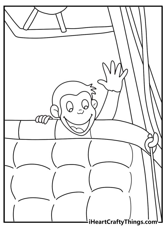 Detailed Curious George coloring sheet with George riding in a hot air balloon