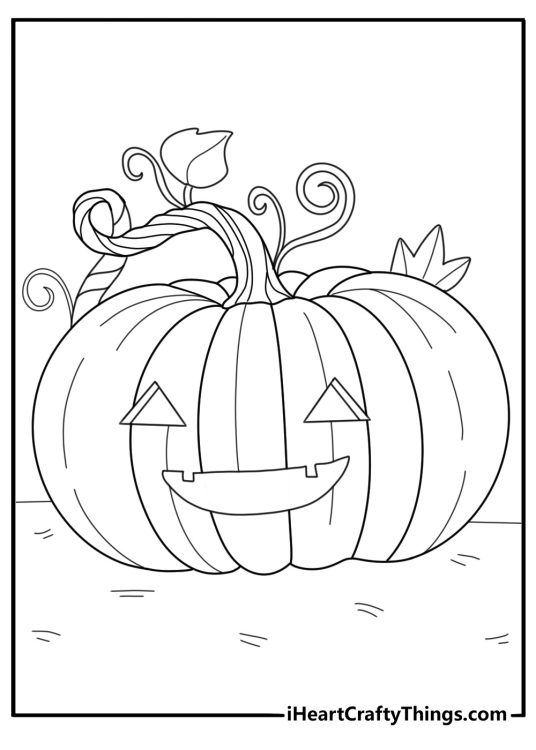 Detailed Jack O Lantern coloring sheet for adults with intricate leaf patterns and swirling vines