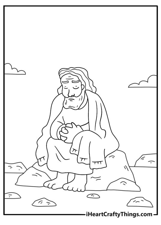 Detailed Jesus coloring page with Jesus in the wilderness among rocks 1