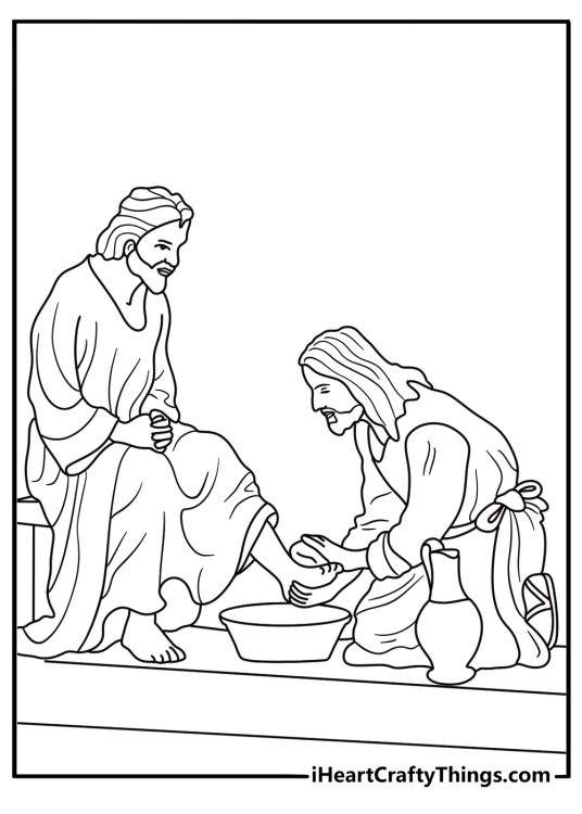 Detailed Jesus coloring page with Jesus washing the feet of a disciple 1