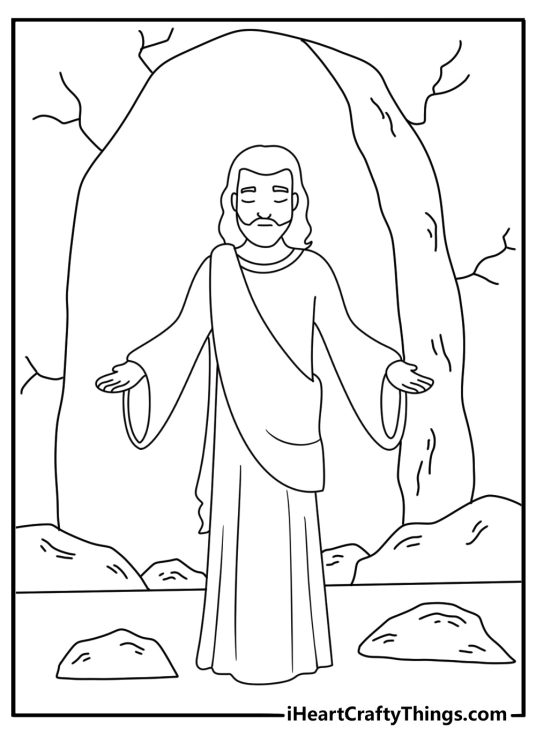 Detailed Jesus coloring sheet for adults with Jesus and the empty tomb at sunrise