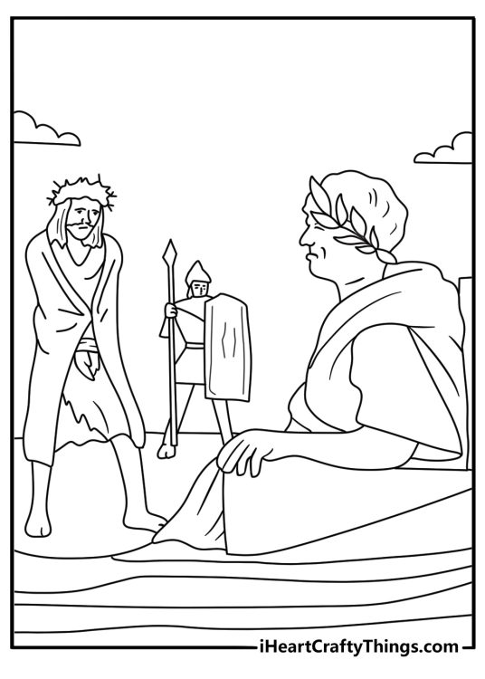 Detailed Jesus printable for adults with Jesus before Pilate in a hall