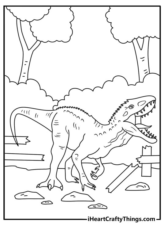 Detailed Jurassic World coloring sheet of Indominus Rex breaking through a paddock fence