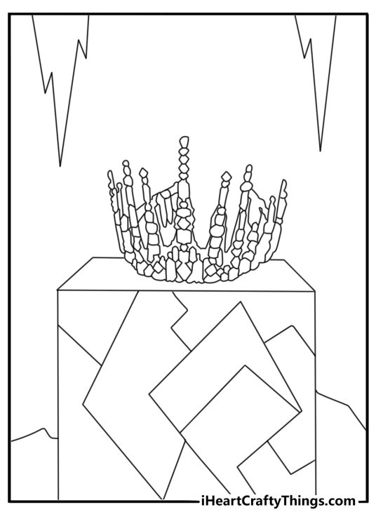 Detailed Olaf coloring page with icicle crown in ice palace