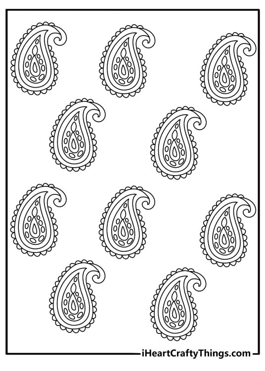 Detailed abstract coloring page with flowing paisley shapes and swirls