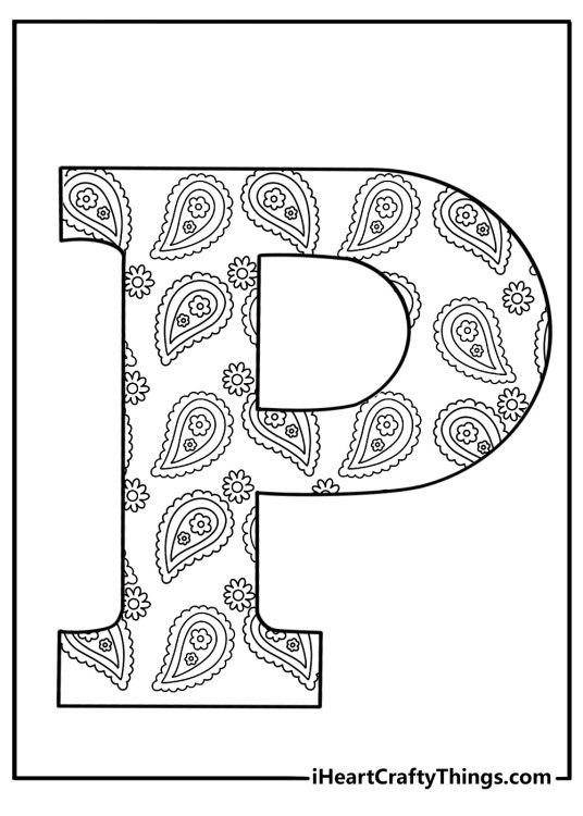 Detailed adult coloring page letter P filled with paisley pattern