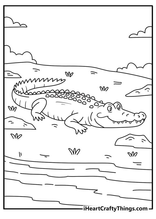 Detailed alligator coloring pages pdf with scales claws and rough tail on riverbank