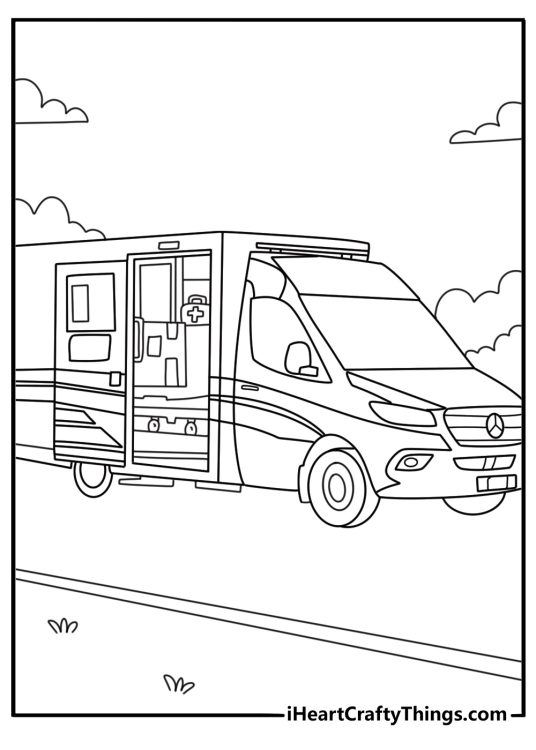 Detailed ambulance coloring pages pdf showing the driver cabin and rescue tools