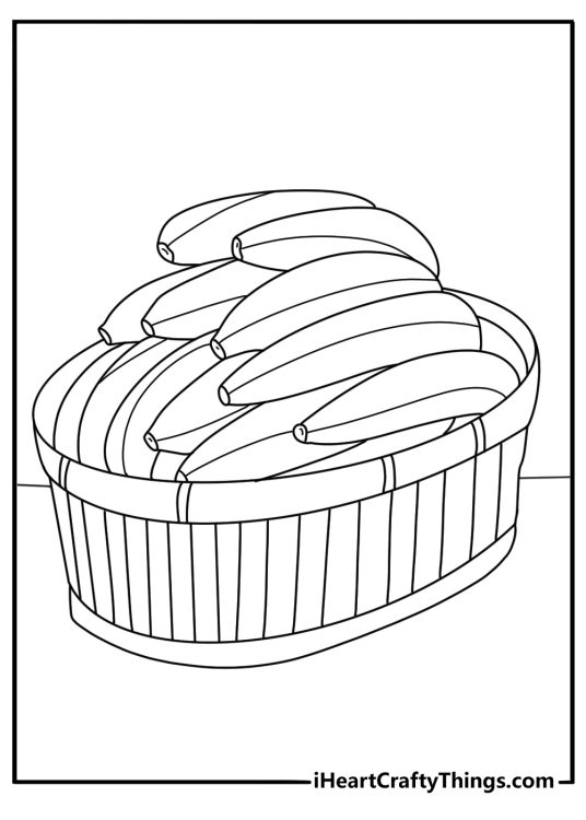 Detailed banana coloring page for adults with a market basket full of tropical fruit