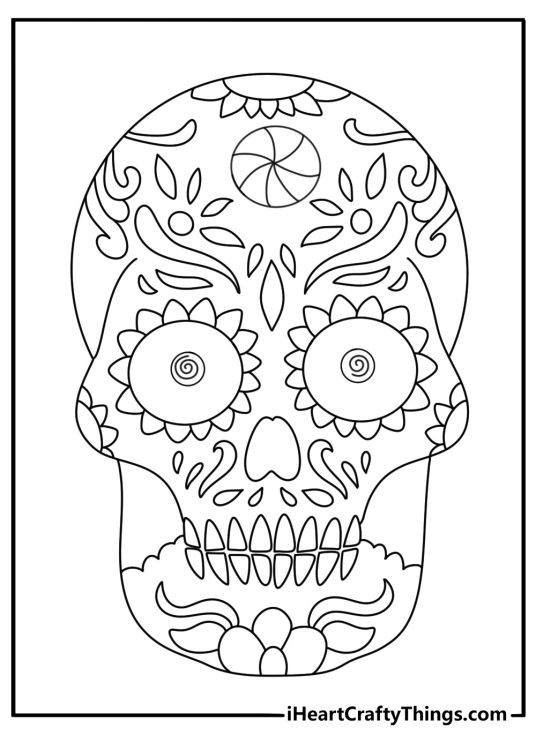 Detailed candy skull coloring page with sugar flower patterns