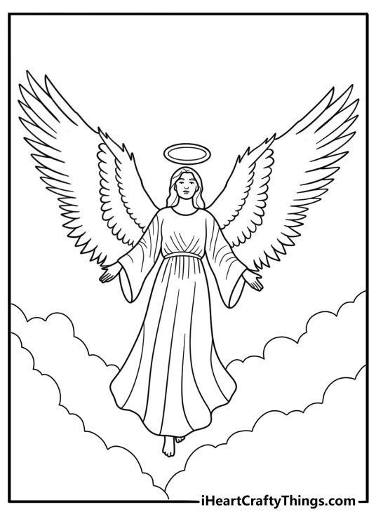 Detailed celestial angel with intricate wings coloring page for adults pdf