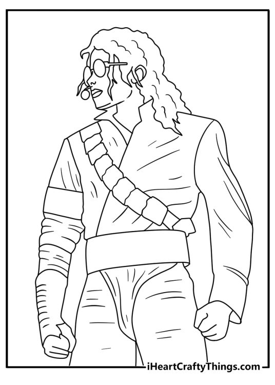 Detailed coloring page of Michael Jackson with a peacock style stage costume