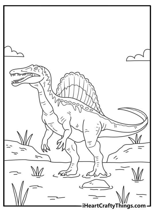 Detailed coloring pages of Spinosaurus with scales and a large back sail