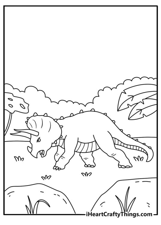Detailed coloring sheet for adults with a triceratops among giant leaves
