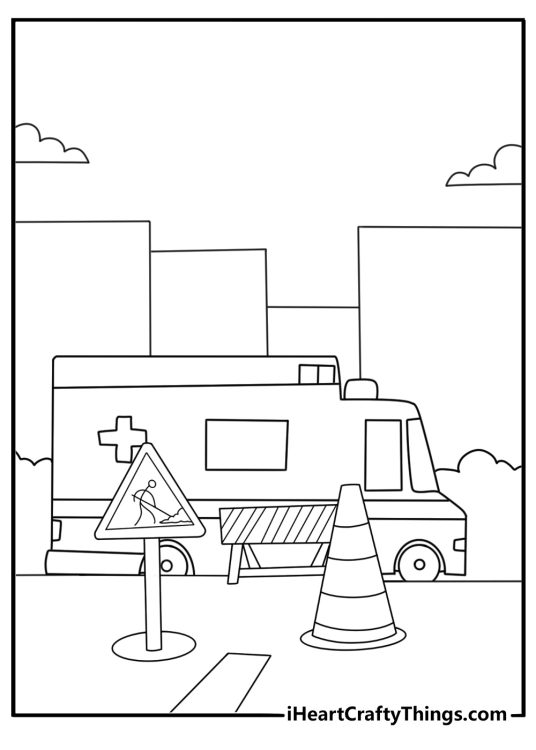 Detailed coloring sheet of an ambulance beside cones on a blocked street