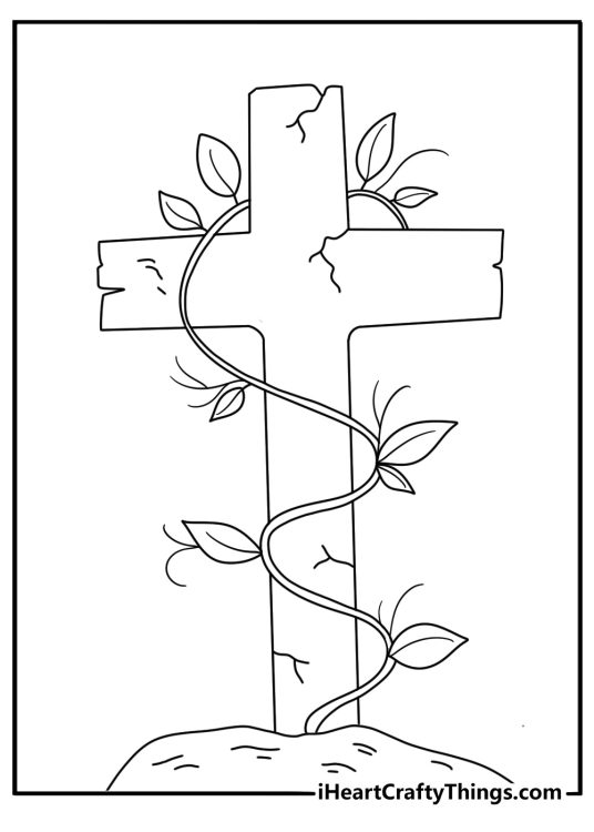 Detailed cross coloring page with floral vines around a stone cross