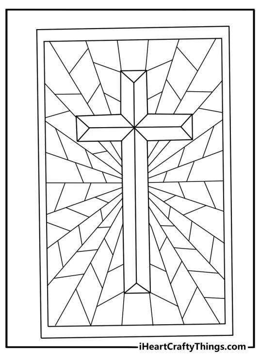 Detailed cross coloring sheet for adults with stained glass panels