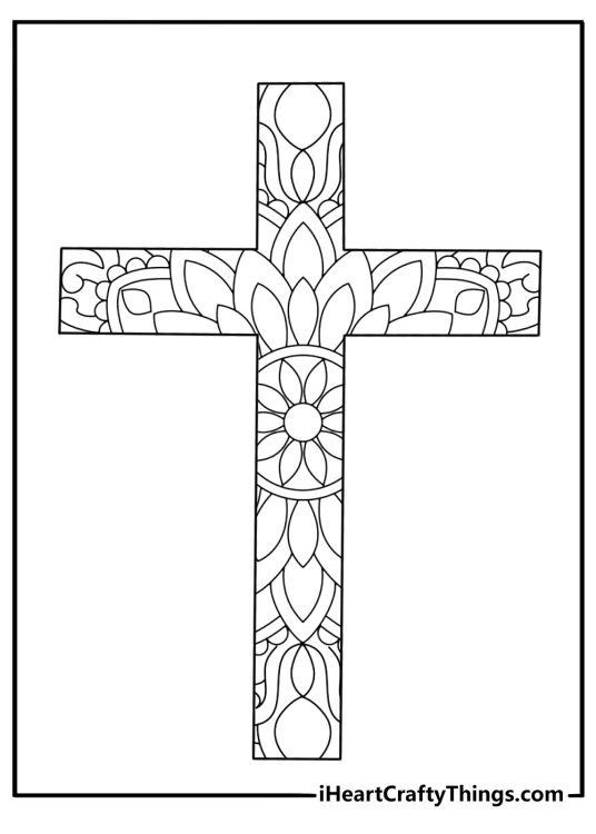 Detailed cross coloring sheet with a mandala pattern inside the cross