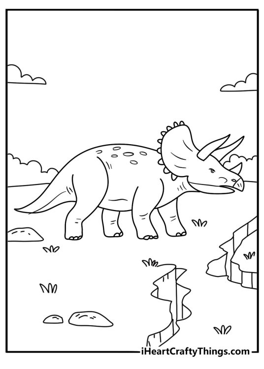 Detailed dinosaur art features a triceratops crossing cracked earth