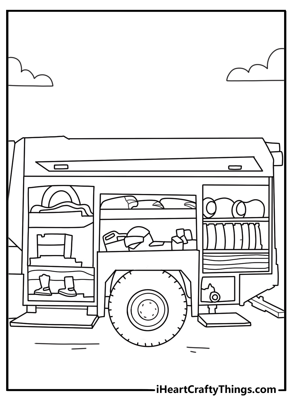 Detailed fire truck coloring page with equipment compartments open and tools inside
