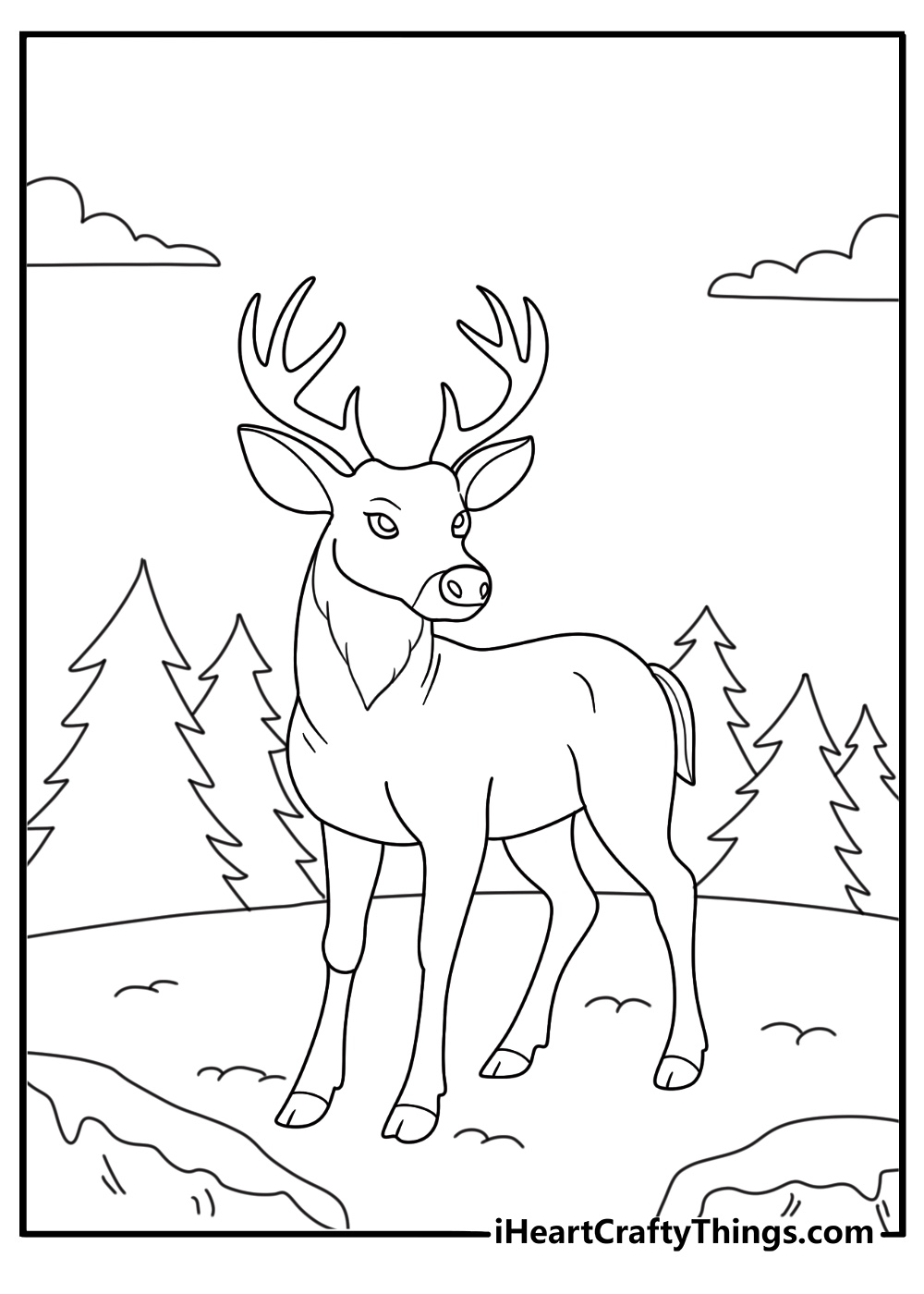 Detailed forest animals coloring image featuring cute deer with big antlers standing in the forest