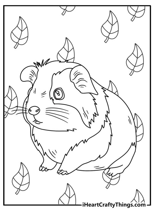 Detailed guinea pig coloring page for adults with fur and leaf patterns