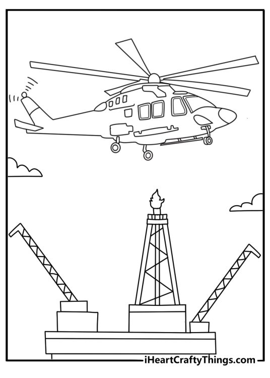 Detailed helicopter coloring page with an offshore helicopter near an oil rig