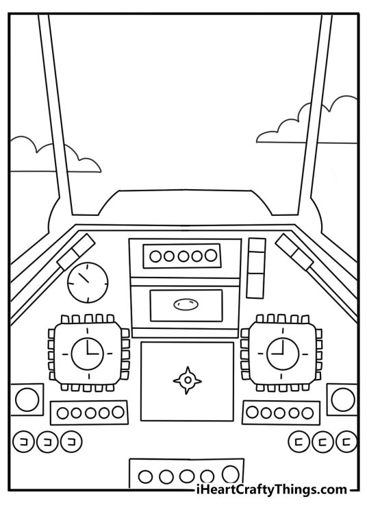 Detailed helicopter coloring sheet with cockpit controls inside the cabin