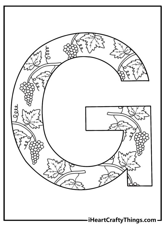 Detailed letter G coloring page for adults with grapevine patterns inside the letter