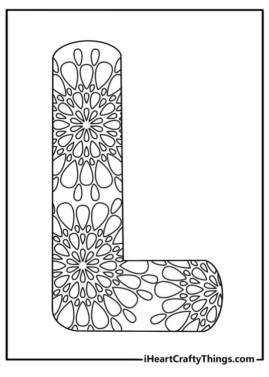 Detailed letter L coloring page for adults with lace patterns