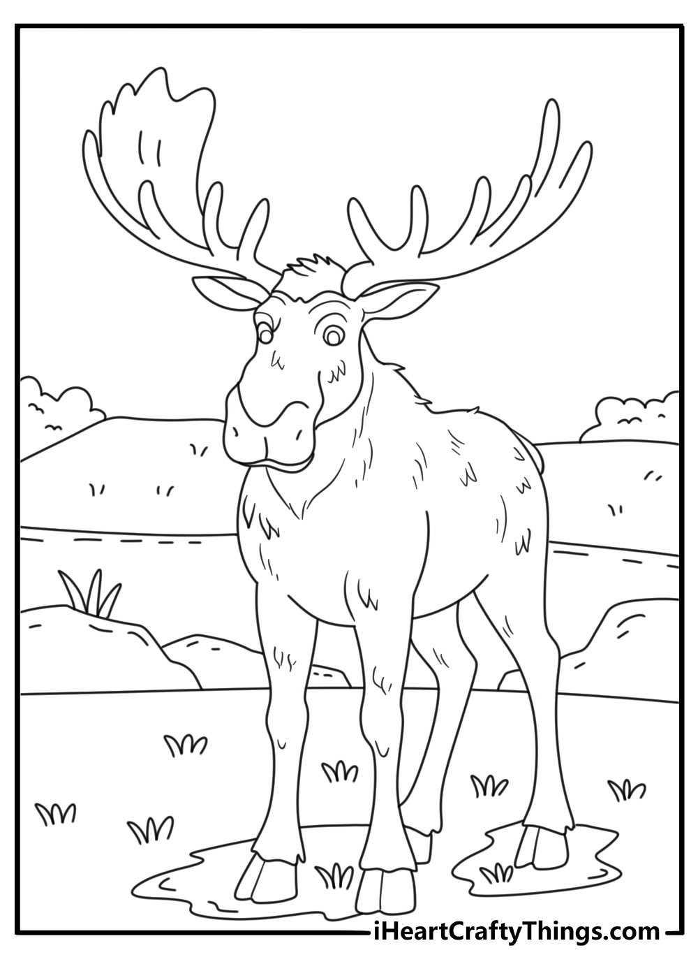 Detailed moose coloring page showing a bull with wet fur after swimming