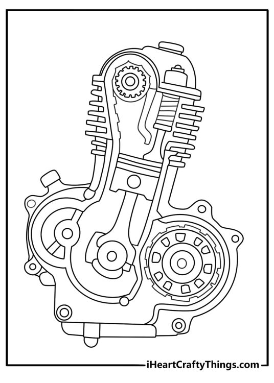 Detailed motorcycle coloring page with engine parts and chain drive