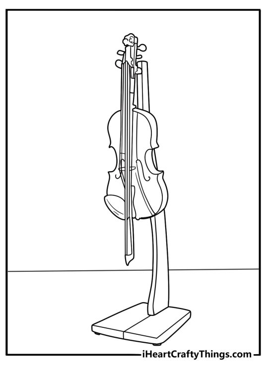 Detailed music coloring sheet for adults showing violin and bow on a music stand