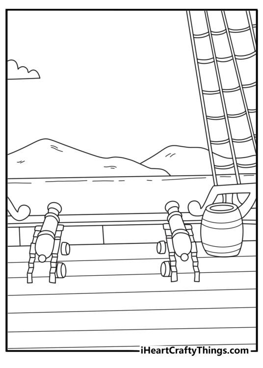 Detailed pirate coloring pages for adults with a large ship deck and cannon line