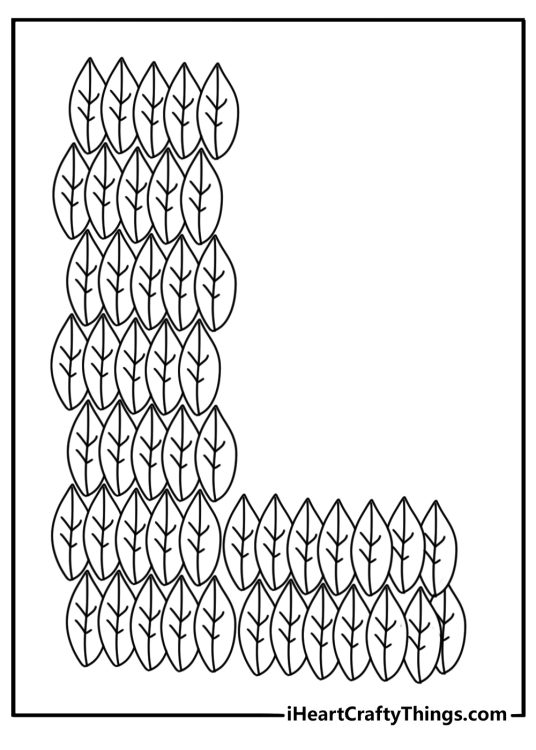 Detailed printable coloring sheet with letter L made of layered leaves