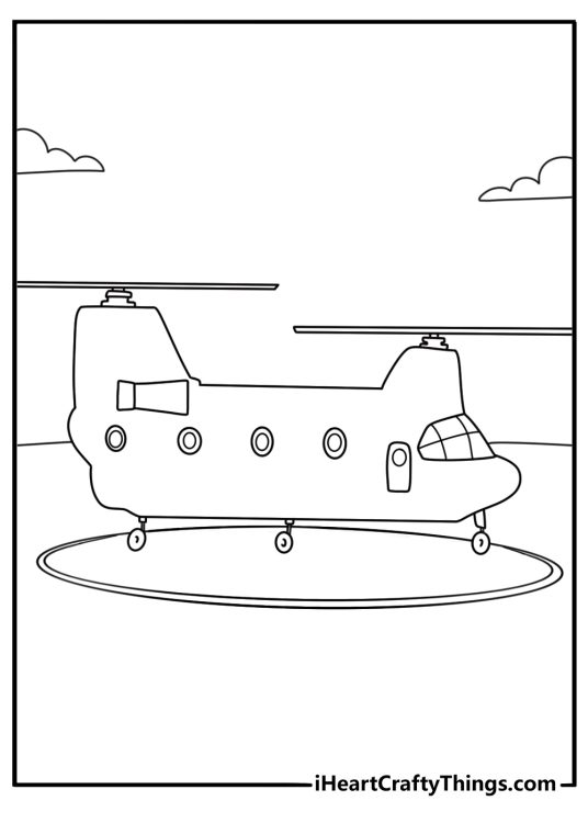 Detailed printable helicopter coloring sheet with twin rotors over a landing pad