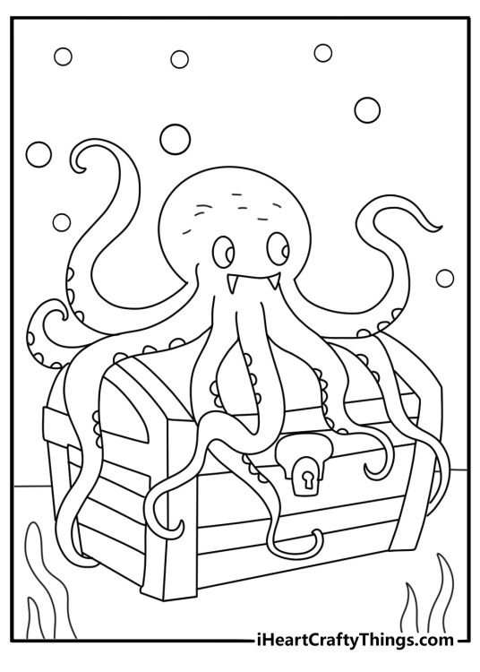 Detailed printable monster coloring page with a tentacled beast around sunken treasure