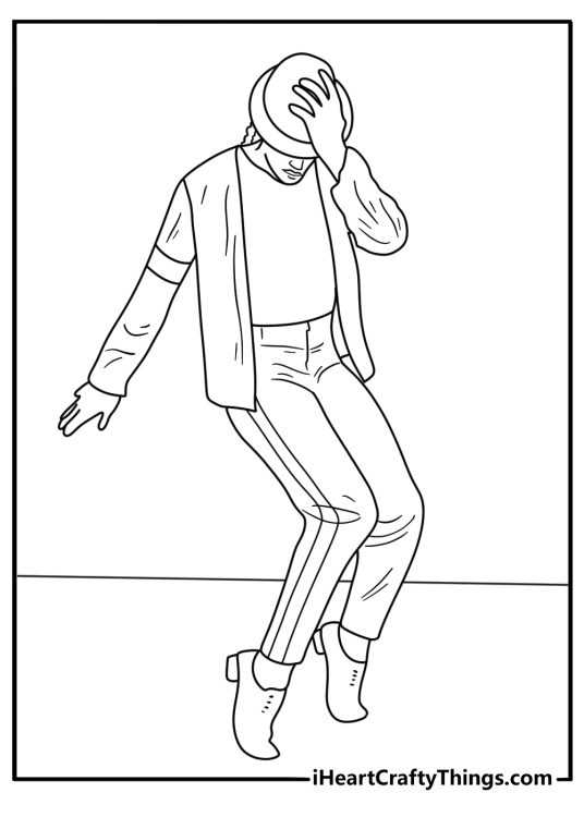 Detailed printable of Michael Jackson in a sparkling jacket with a hand over his hat