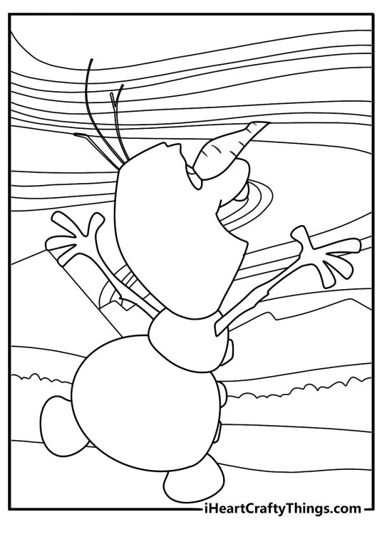 Detailed printable of Olaf looking at northern lights in night sky