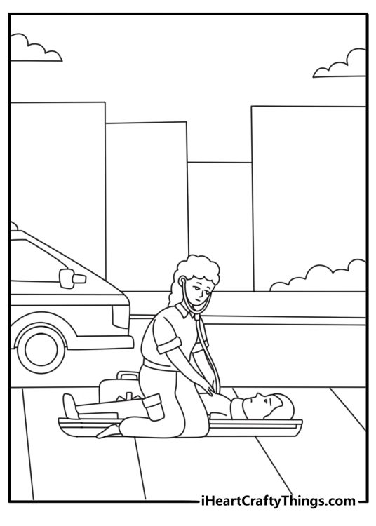 Detailed printable of an ambulance crew using a heart monitor on the sidewalk