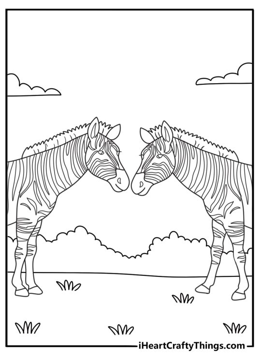 Detailed stripe patterns cover two zebras facing opposite directions